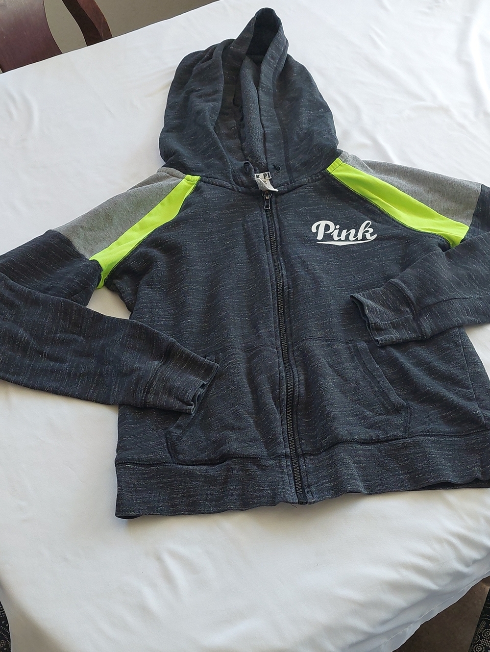 PINK Victoria's Secret Black  Heather Zip Hoodie with Neon Lime Panels.Size S.